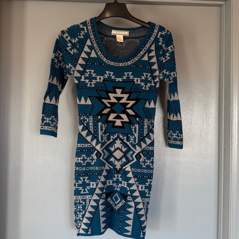 Flying Tomato Aztec Metallic Western Dress Bodycon 3/4 Sleeves Scoop Neck sz S
